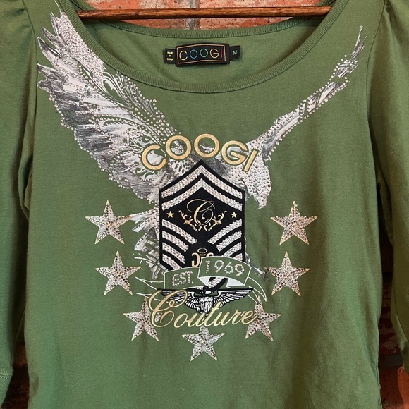 COOGI Embellished Ruched Sides Shirt Olive Green Size M - Picture 5 of 8